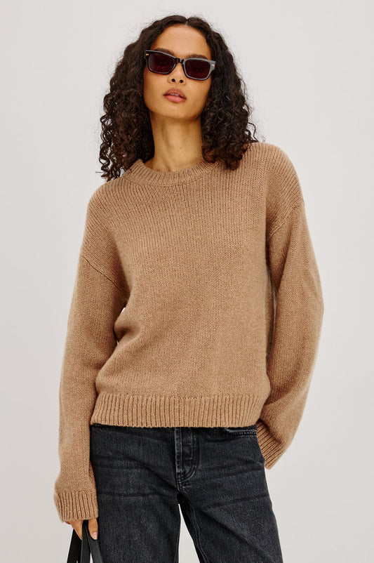 Helly Sweater in Wool-Cashmere Blend With Crew Neckline, Relaxed Boxy Slightly Cropped Fit, Long Sleeves, and Ribbed Trim in Heather Camel Colorway - Upper Body Front View Featured on Model