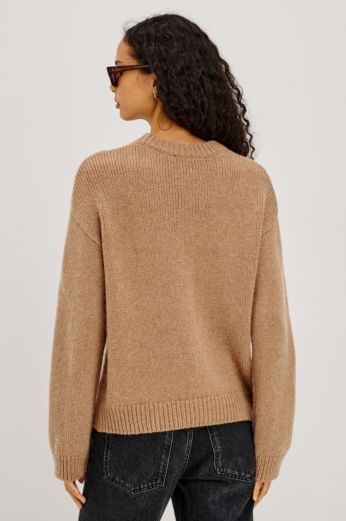 Helly Sweater in Wool-Cashmere Blend With Crew Neckline, Relaxed Boxy Slightly Cropped Fit, Long Sleeves, and Ribbed Trim in Heather Camel Colorway - Upper Body Back View Featured on Model