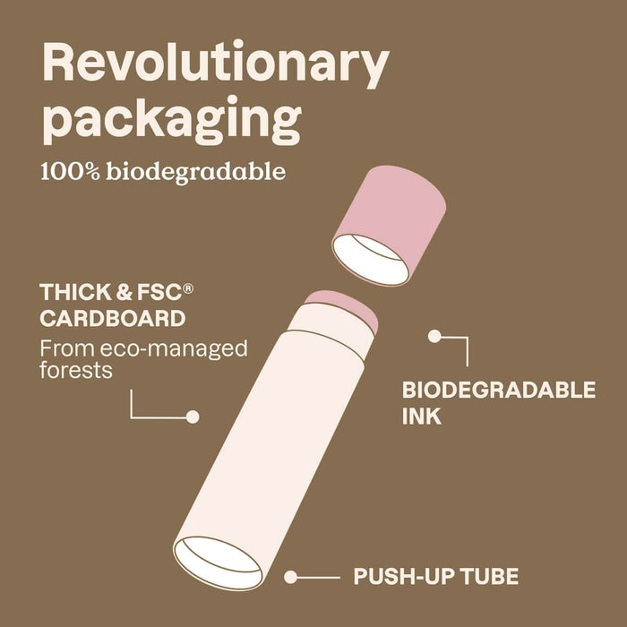 Diagram of a biodegradable packaging container with text highlighting its features on a brown background.