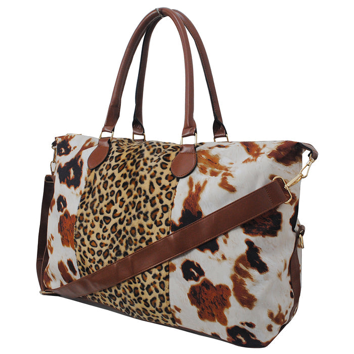 !HOT DEAL! DEAL! Cow Print with Leopard Faux Fur Weekender Bag