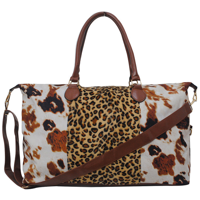 !HOT DEAL! DEAL! Cow Print with Leopard Faux Fur Weekender Bag