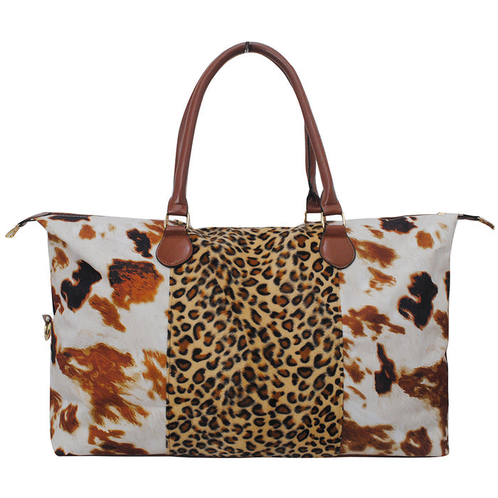 !HOT DEAL! DEAL! Cow Print with Leopard Faux Fur Weekender Bag