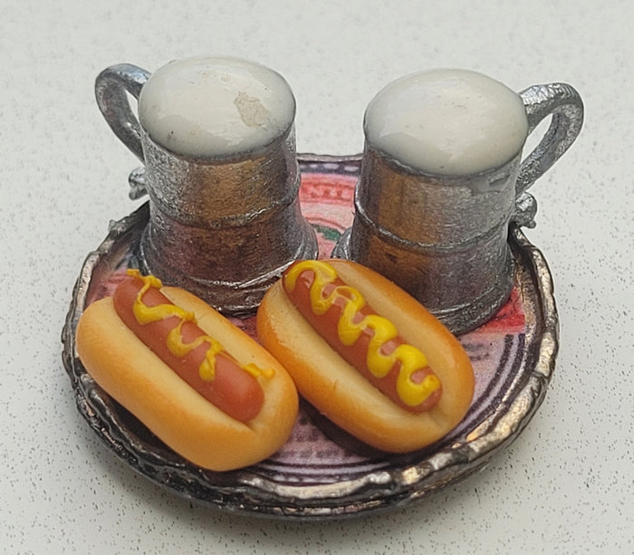 Hotdogs and Beer on Metal Tray