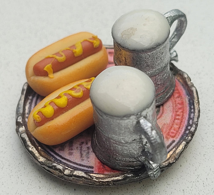 Hotdogs and Beer on Metal Tray