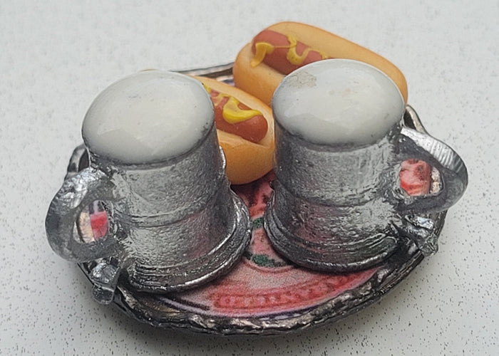 Hotdogs and Beer on Metal Tray