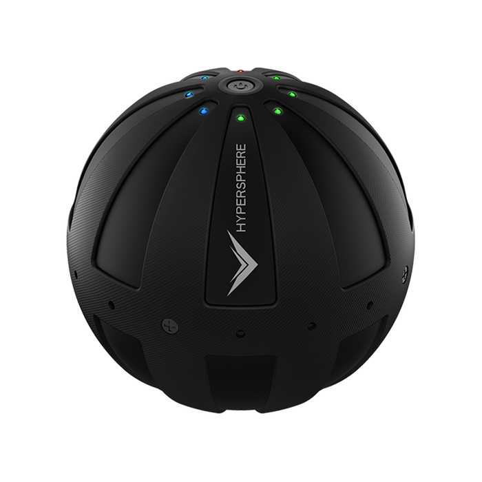 Hypersphere Go | Hyperice black vibration massage ball with textured surface and LED indicator lights for targeted muscle recovery and body care wellness.