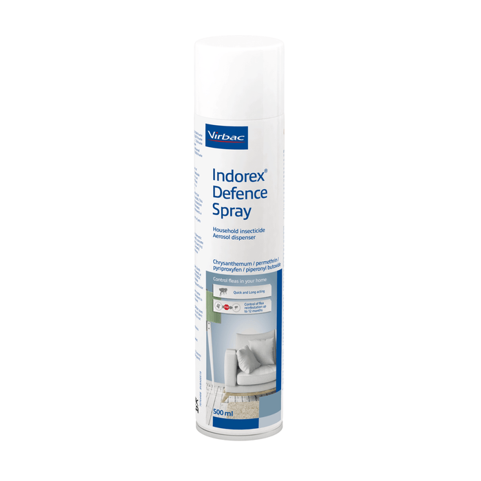 A 500ml can of Virbac Indorex Defence Spray, a household insecticide, shown on a plain white background.
