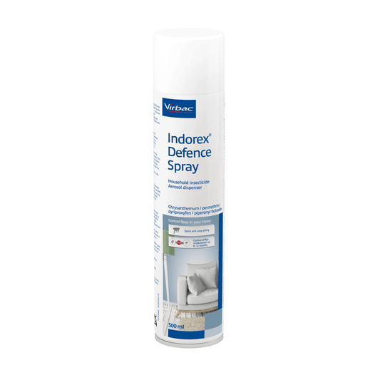 A 500ml can of Virbac Indorex Defence Spray, a household insecticide, shown on a plain white background.