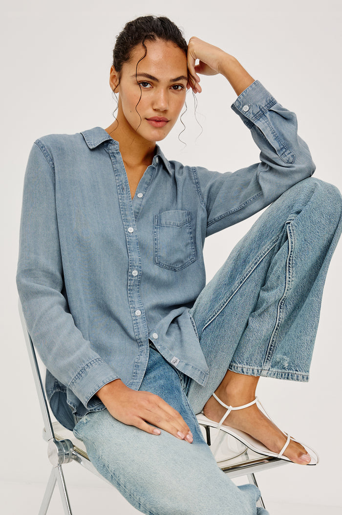 Ingrid Button-Up Collared Shirt in TENCEL™Denim With Vintage-Inspired Wash, Chest Patch Pocket, and Long Sleeves in Cloud Wash Colorway - Upper Body Front View Featured on Model