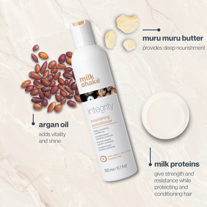 milk_shake  Integrity & strength conditioner bottle with ingredients on a light background