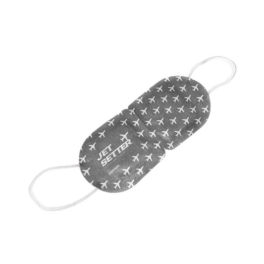 Jet Setter Warming Eye Mask - Single | Popmask features a soft gray fabric with airplane patterns, designed for soothing warmth and relaxation during travel or wellness routines.