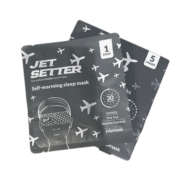 Packet of Jet Setter Warming Eye Mask - Single | Popmask featuring a self-warming, jasmine-scented sleep mask with airplane design, ideal for travel and relaxation.
