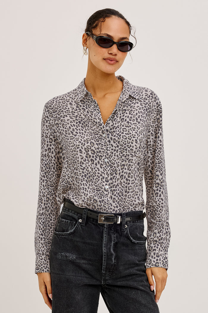 Josephine Shirt in Featherweight Rayon With Relaxed Fit, Collar, and Button Front in Ecru Cheetah Colorway - Upper Body Front View Featured on Model