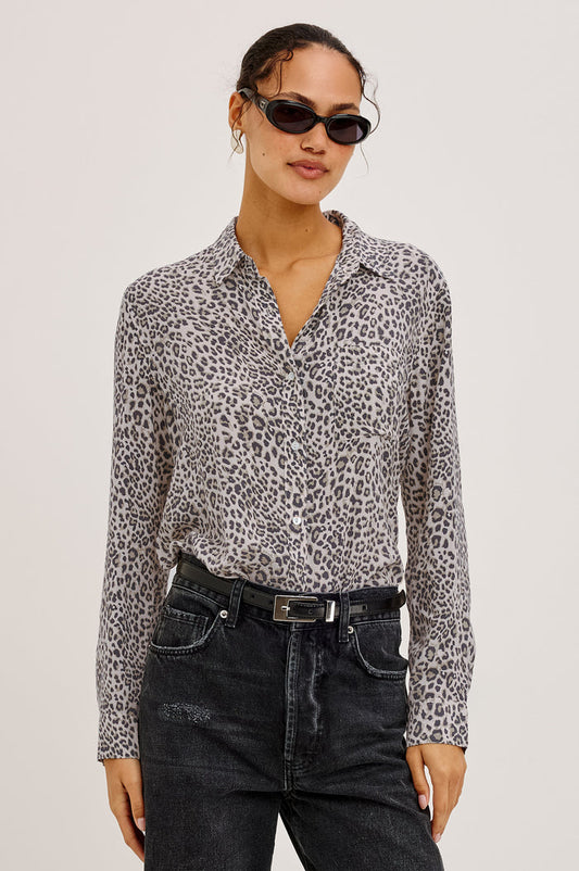 Josephine Shirt in Featherweight Rayon With Relaxed Fit, Collar, and Button Front in Ecru Cheetah Colorway - Upper Body Front View Featured on Model