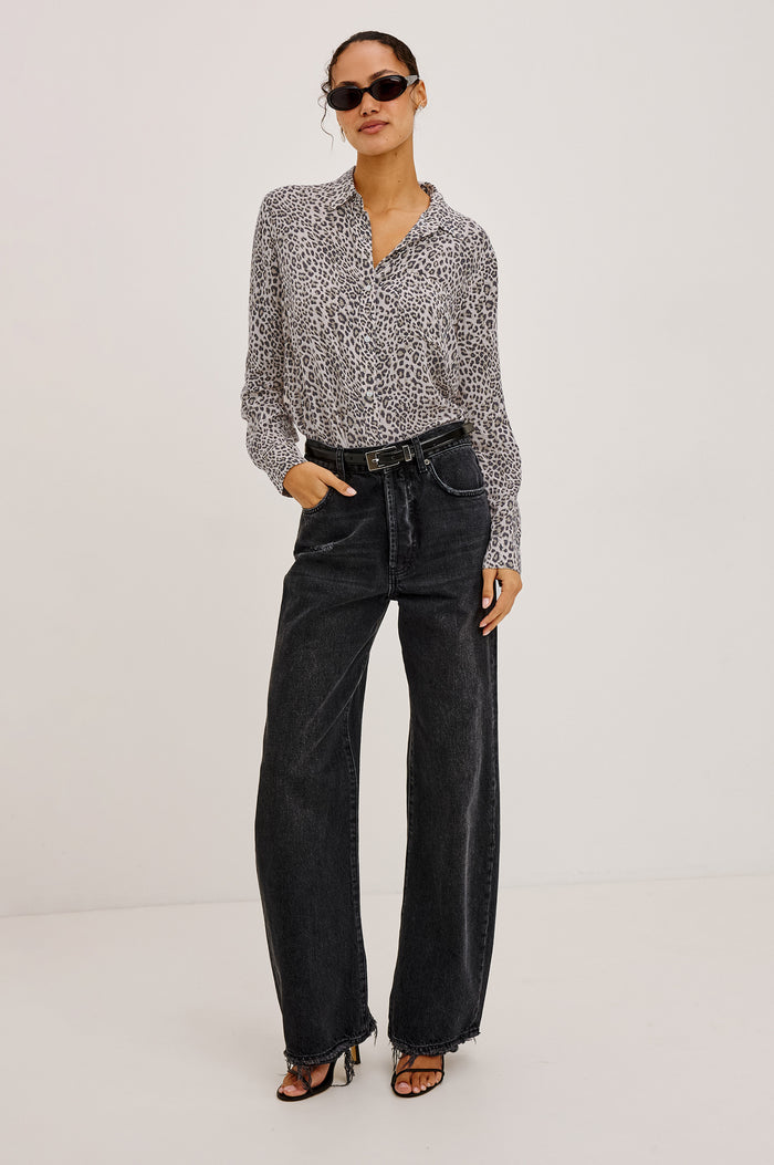 Josephine Shirt in Featherweight Rayon With Relaxed Fit, Collar, and Button Front in Ecru Cheetah Colorway - Full Body Front View Featured on Model