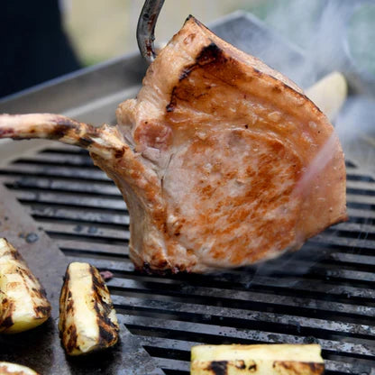 Grilled pork chop on a barbecue with vegetables