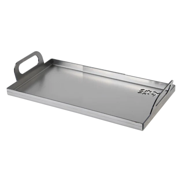 Stainless steel griddle with handle on a white background