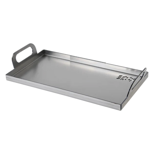 Stainless steel griddle with handle on a white background
