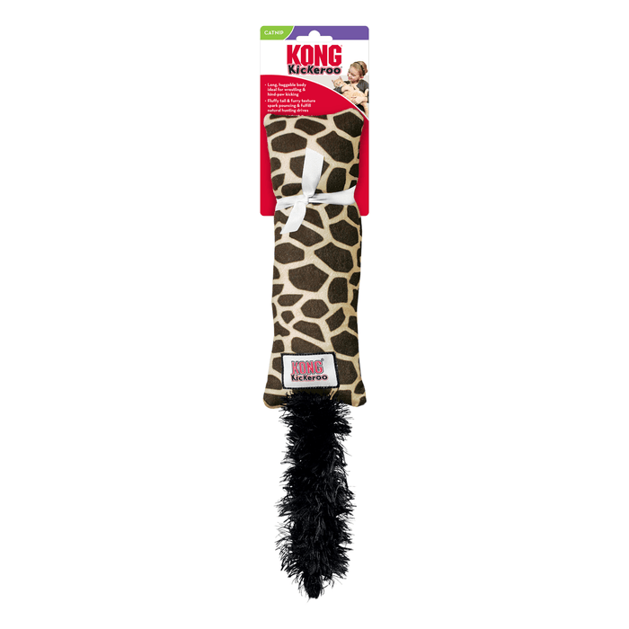 Long giraffe patterned kickeroo cat toy with a black fluffy tail attached, backed on a red cardboard packaging. Pictured on a white background.