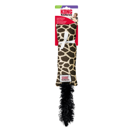 Long giraffe patterned kickeroo cat toy with a black fluffy tail attached, backed on a red cardboard packaging. Pictured on a white background.