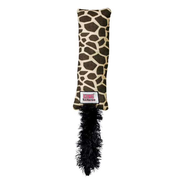 Long giraffe patterned kickeroo cat toy with a black fluffy tail attached. Pictured on a white background.