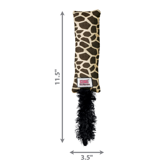 Long giraffe patterned kickeroo cat toy with a black fluffy tail attached. Measurements displayed on the left 11.5" and underneath 3.5". Pictured on a white background.