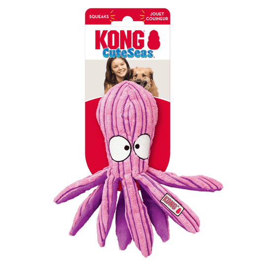 Pink stripy fabric Octopus Dog Toy with dark pink stripes and underside attached to a cardboard backing, pictured on a white background.