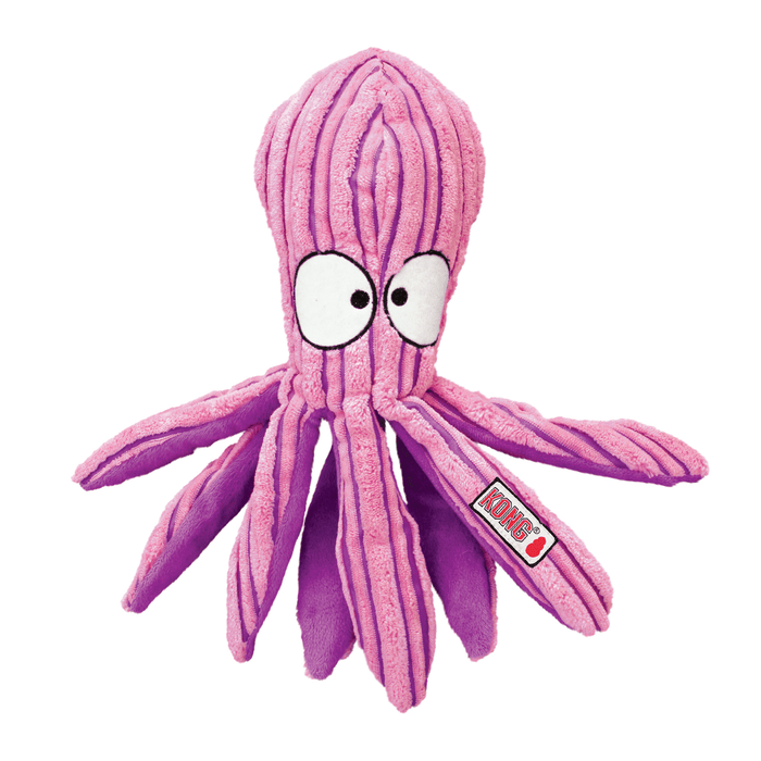 Pink stripy fabric Octopus Dog Toy with dark pink stripes and underside, pictured on a white background.