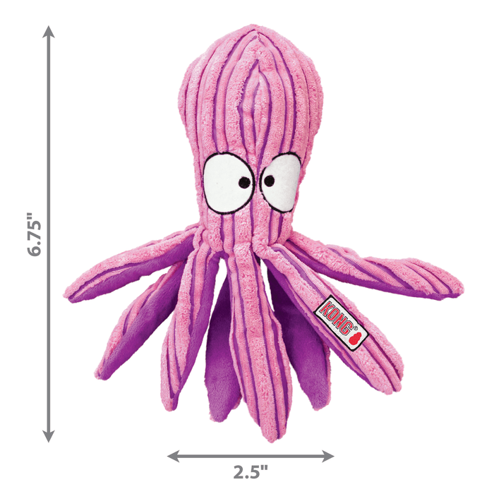 Pink stripy fabric Octopus Dog Toy with dark pink stripes and underside, measurements to the left 6.75" and underneath 2.5" pictured on a white background.