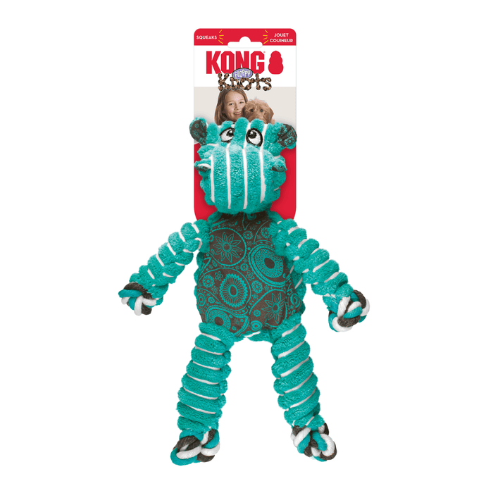 Teal and white stripy fabric Hippo Dog Toy with teal and grey patterned fabric ears and belly attached to a cardboard backing, pictured on a white background.