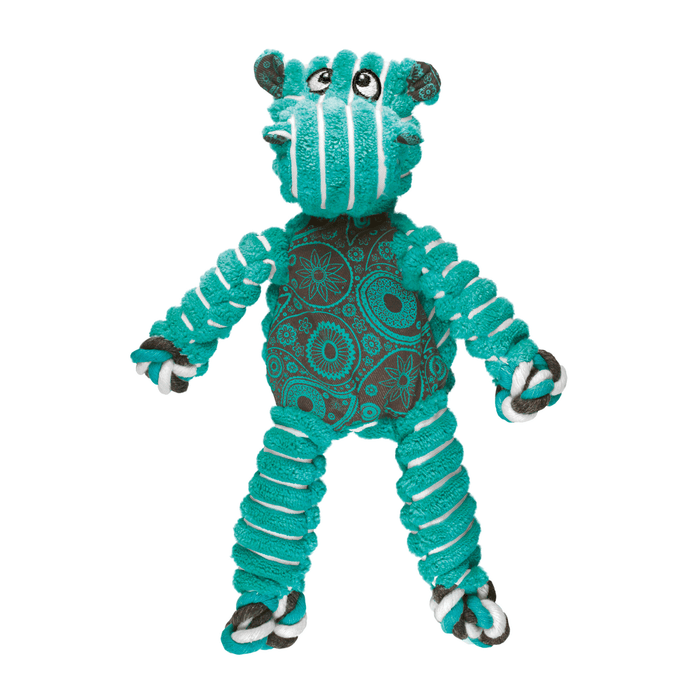 Teal and white stripy fabric Hippo Dog Toy with teal and grey patterned fabric ears and belly pictured on a white background.