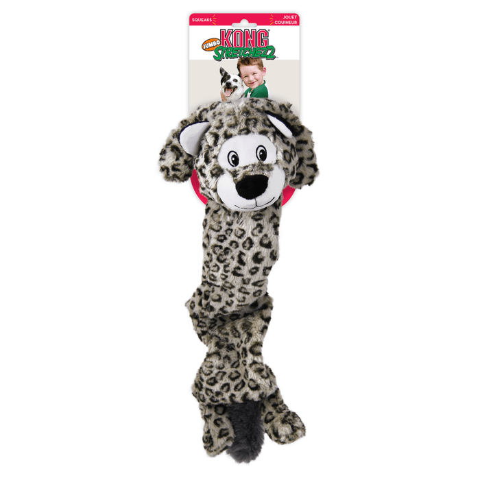 Snow Leopard long dog toy, with a cartoon style face attached to a backing card, on a white background.