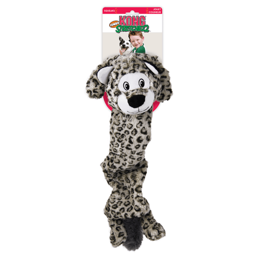 Snow Leopard long dog toy, with a cartoon style face attached to a backing card, on a white background.