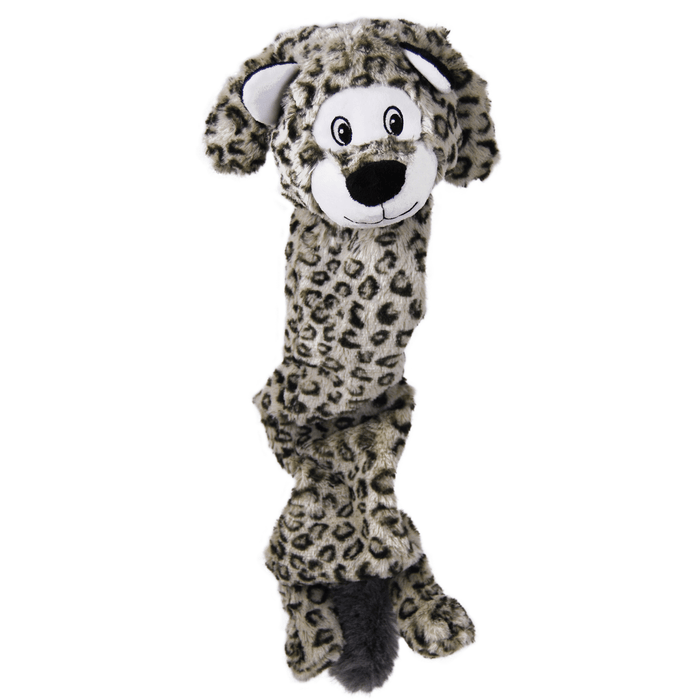 Snow Leopard long dog toy, on a white background.