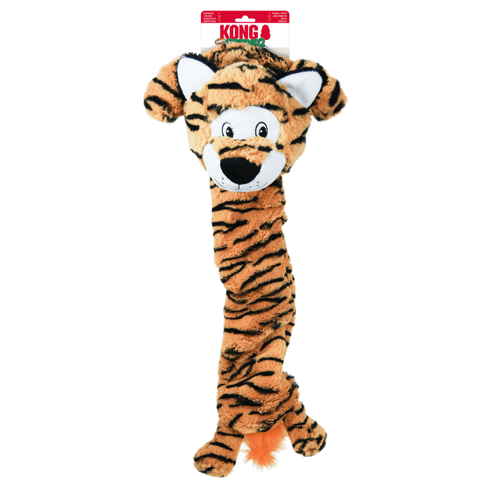 Tiger long dog toy, with a cartoon style face attached to a backing card, on a white background.