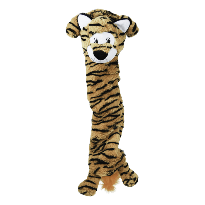 Tiger long dog toy, with a cartoon style face, on a white background.
