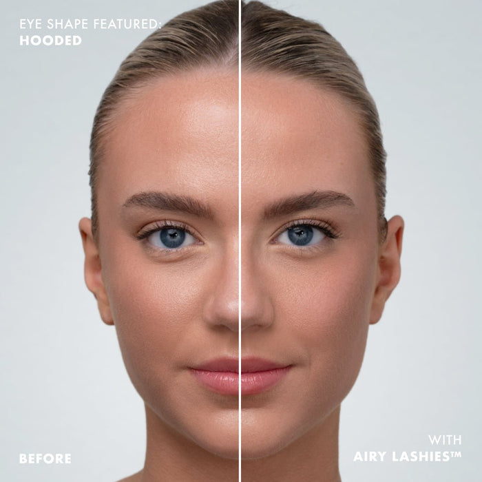 Comparison of a woman's face with hooded eye shape before and after applying Lashies™ - Airy - On The Go | Moxielash, showing enhanced eyelash volume and definition on one side.
