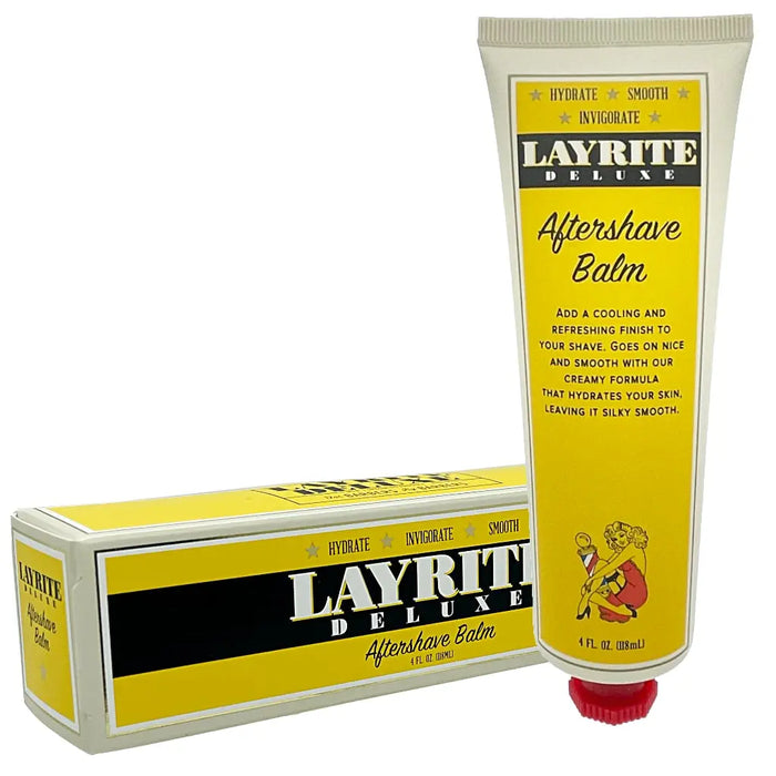 Layrite Deluxe Aftershave Balm tube and packaging on a white background