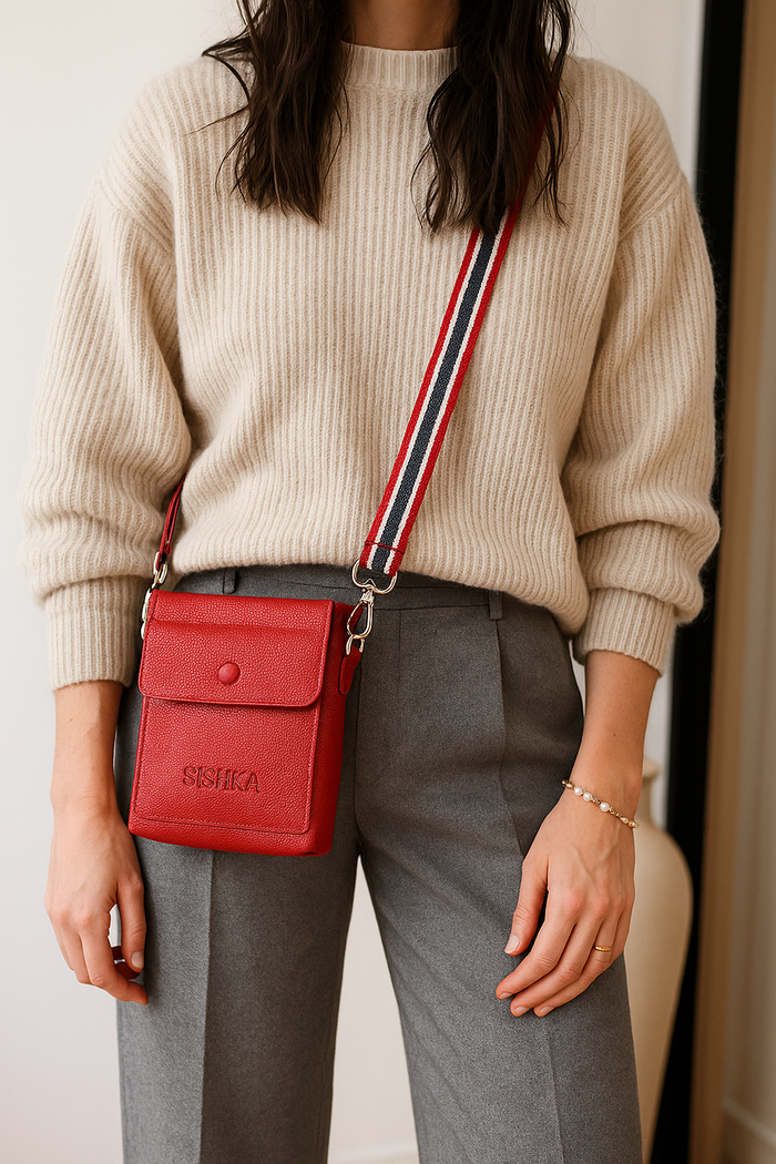 Red Leather Crossbody Messenger Bag for Travel and Everyday Use-model image