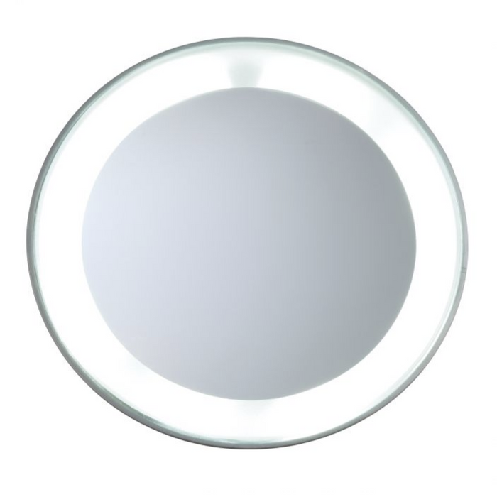 LED 15X Lighted Mirror | Tweezerman with a bright, circular LED light surrounding a clear magnifying mirror, ideal for detailed skincare and beauty routines.