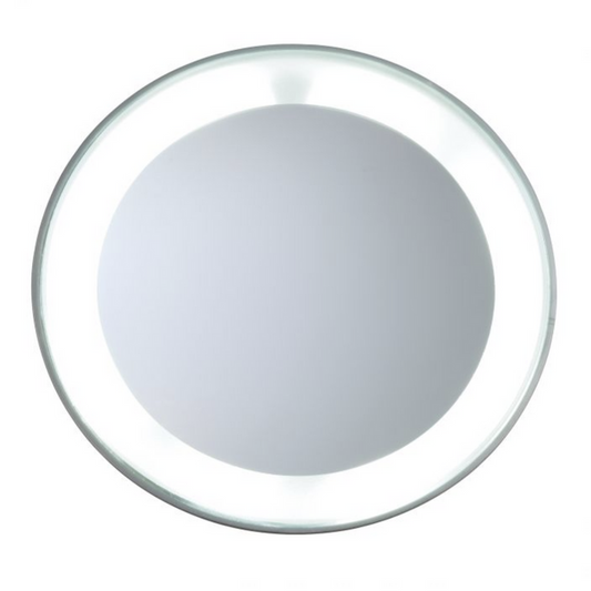 LED 15X Lighted Mirror | Tweezerman with a bright, circular LED light surrounding a clear magnifying mirror, ideal for detailed skincare and beauty routines.