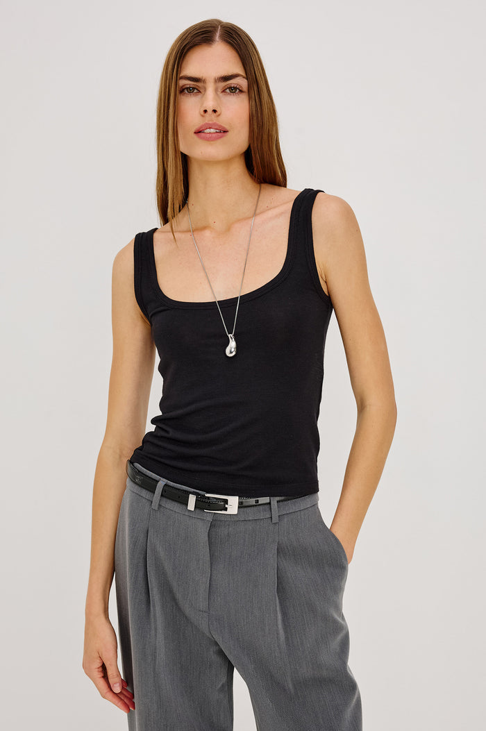 UpperLina Top in Brushed Tissue Jersey With Scoop Neck and Fitted Silhouette in Black Colorway - Upper Body Front View Featured on Model