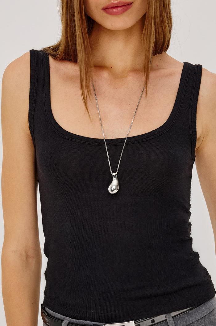 UpperLina Top in Brushed Tissue Jersey With Scoop Neck and Fitted Silhouette in Black Colorway - Upper Body Front View Featured on Model