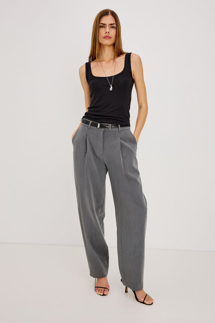 Lina Top in Brushed Tissue Jersey With Scoop Neck and Fitted Silhouette in Black Colorway - Full Body Front View Featured on Model