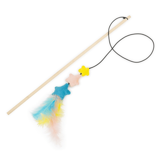 Pastel coloured stars with feathers attached to a fishing rod style cat teaser.