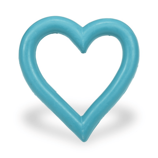 Blue heart shaped rubber dog toy on a white background.
