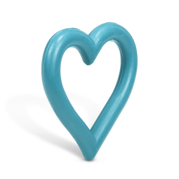 Side view of blue heart shaped rubber dog toy on a white background.