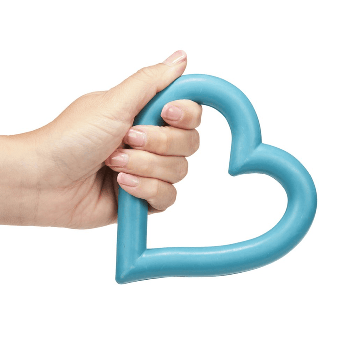 Hand holding a blue heart shaped rubber dog toy on a white background.