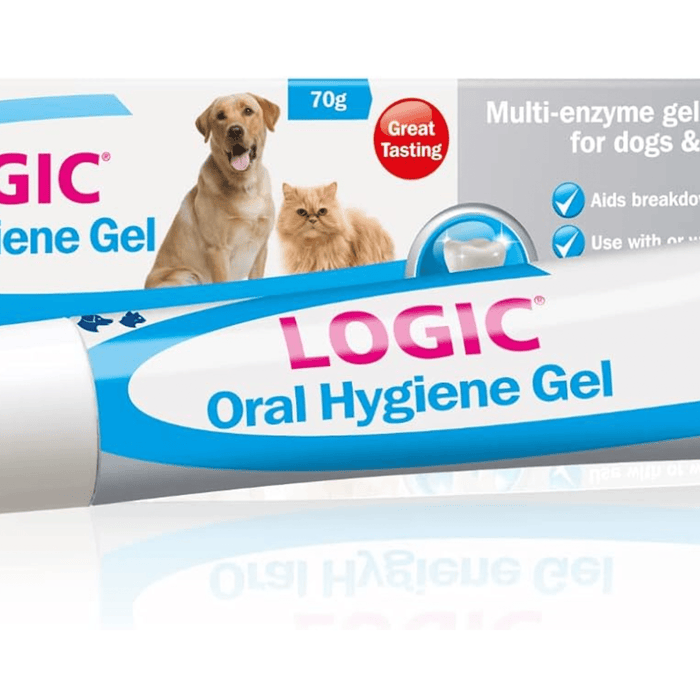 A close up of a tube of Logic Oral Hygiene Gel for dogs and cats, showing the white and blue squeeze tube, the blue applicator tip, and the retail box on a white background.