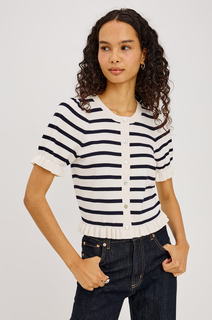 Lora Top in Wool Blend With Front Buttons, and Ruffle-Trimmed Short Puff Sleeves and Hem in Ivory Navy Stripe Colorway - Upper Body Front View Featured on Model